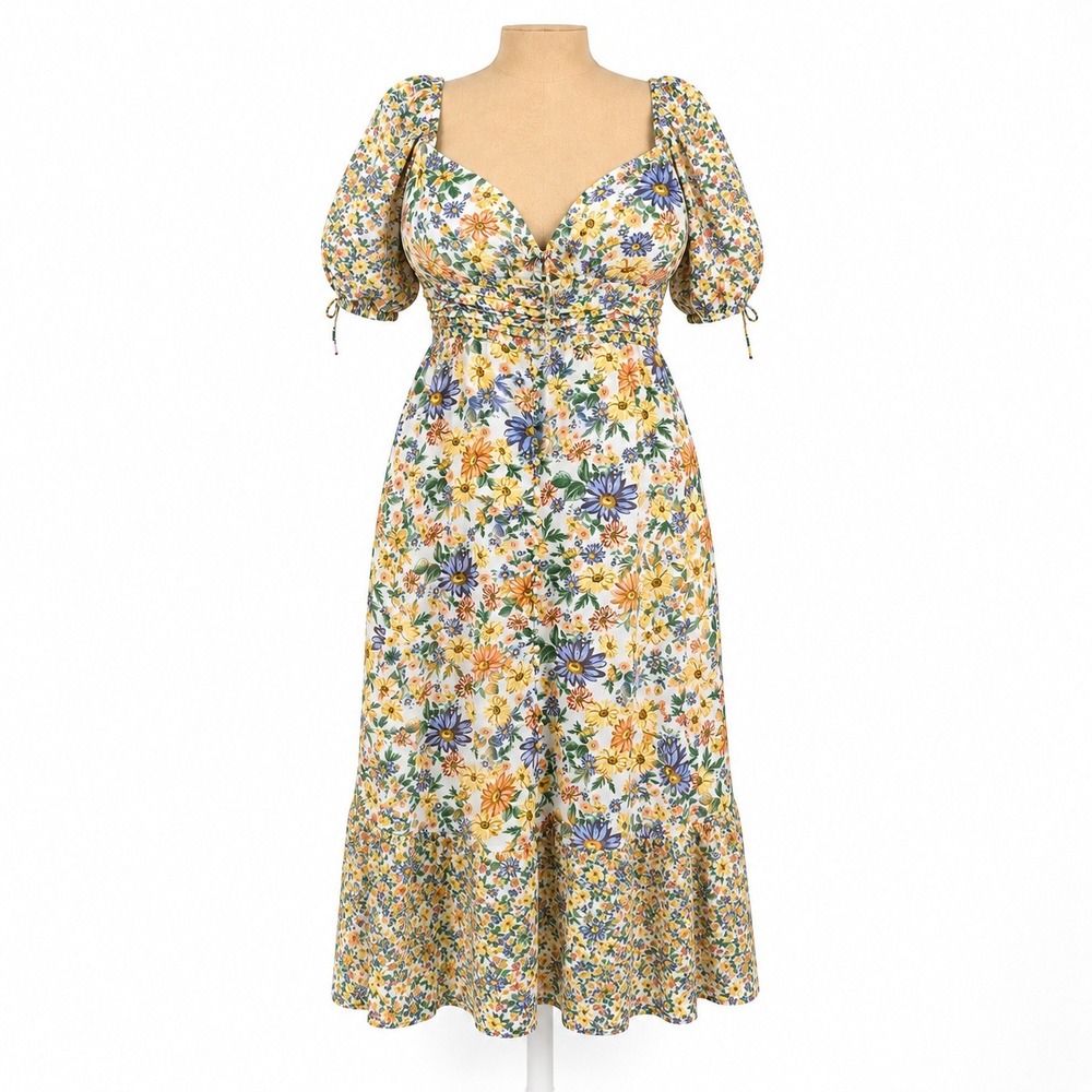 Floral Milkmaid Puff Sleeve Maxi Peasant Dress Size L Green Cottagecore Coquette
